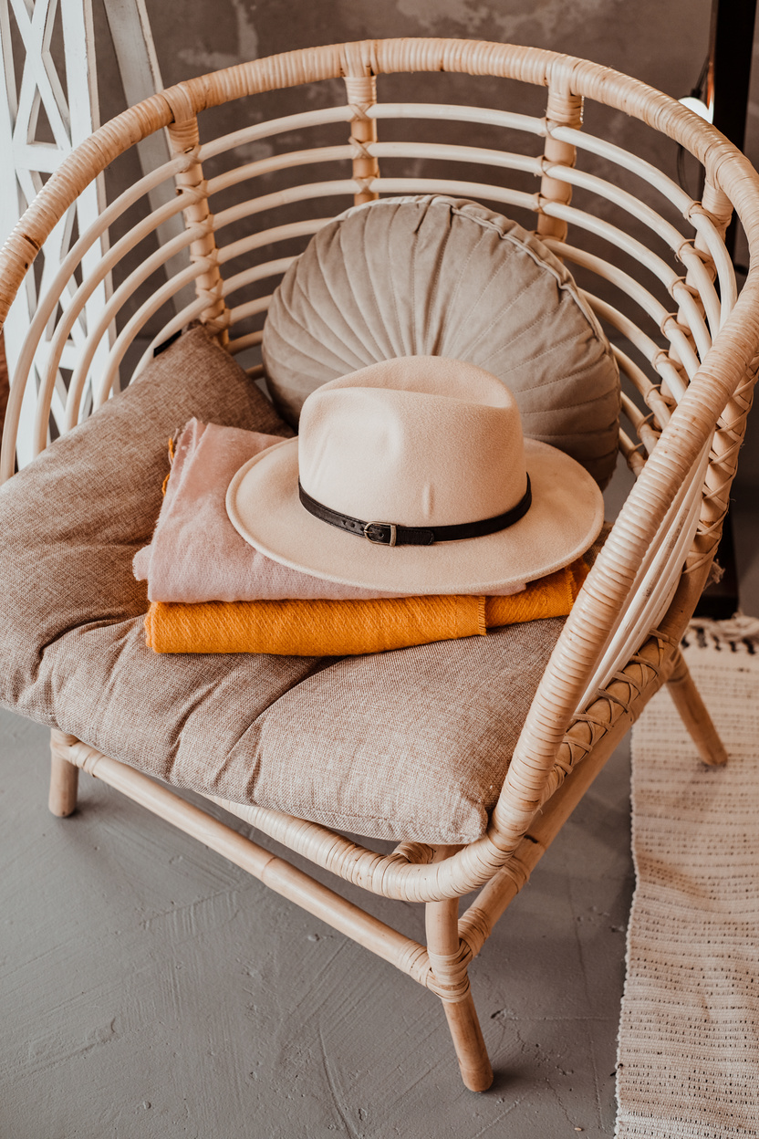 Hat and Folded Clothes on a Cozy Chair